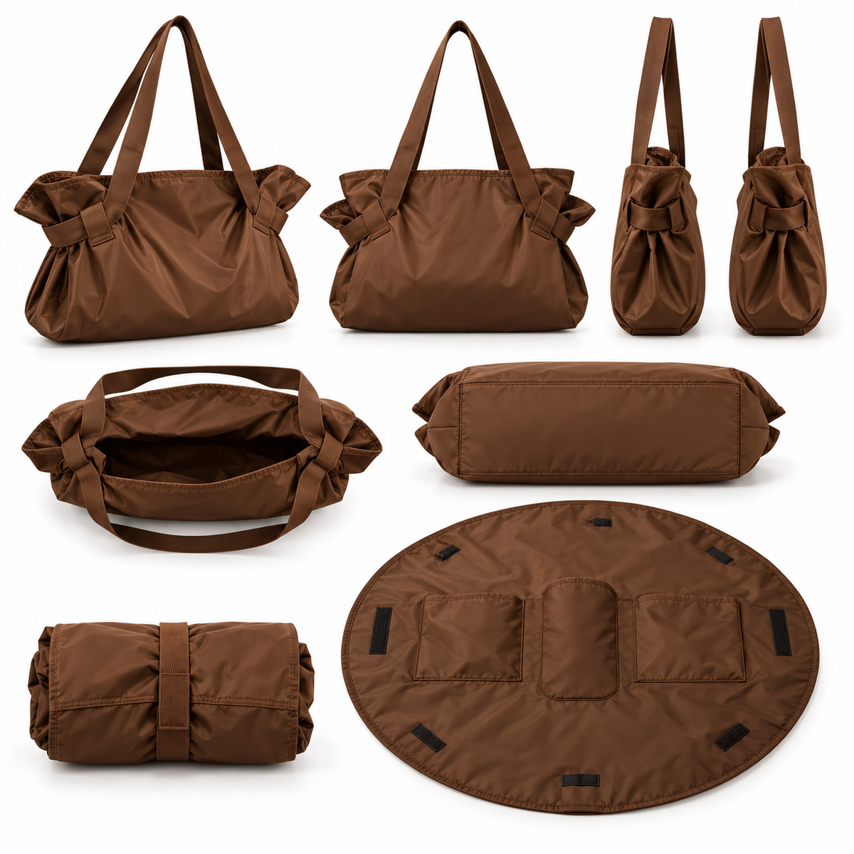 DAYYN brown convertible tote bag – multiple angles, open and rolled forms