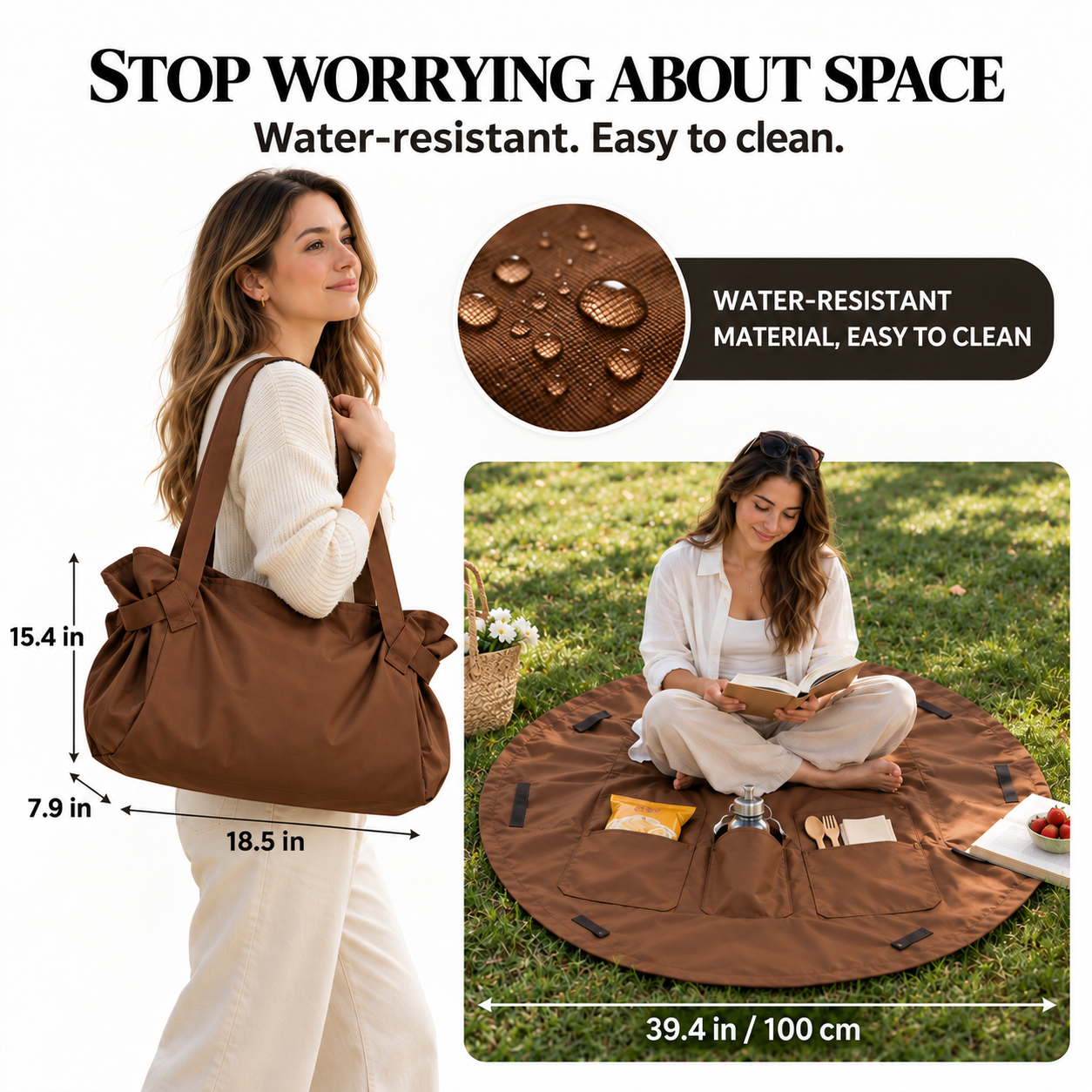 DAYYN tote carried on the shoulder and opened as a 100 cm round picnic mat, with size details