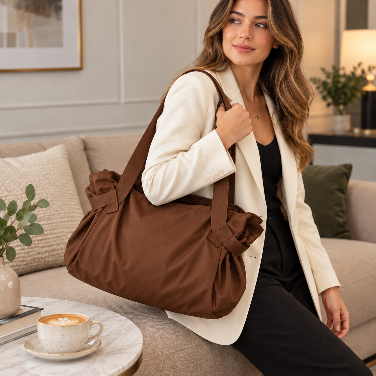 Woman carrying the brown DAYYN tote bag